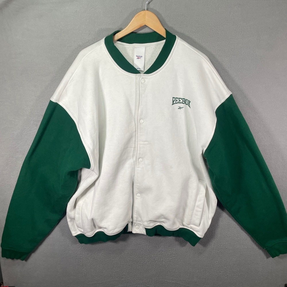 Reebok Varsity Bomber Jacket Mens 2XL Green White Snap Logo Retro